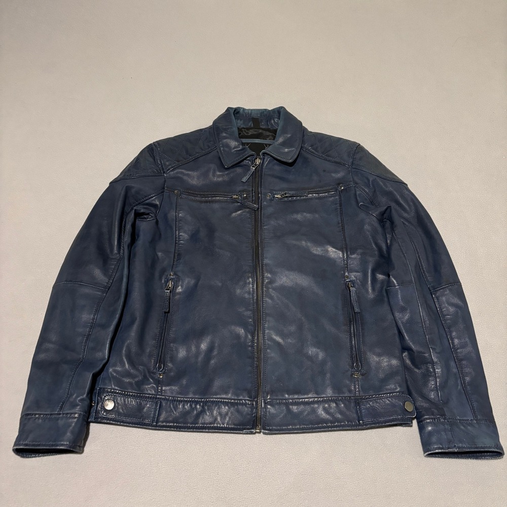 Bod & Christensen Mens Blue Leather Moto Jacket Small Quilted Shoulder Biker